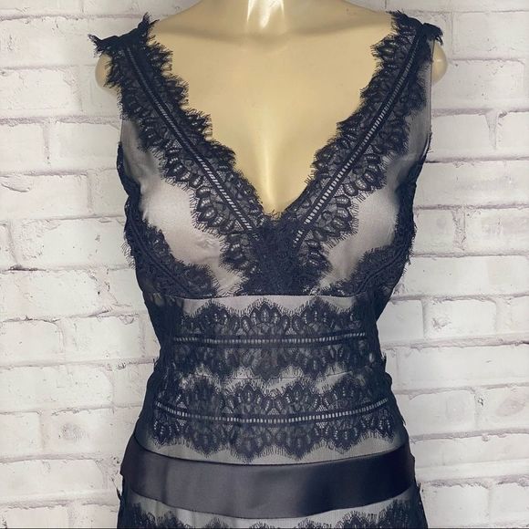 JS Collections Dress Lace Satin Sheath V Neck Black Nude Sleeveless Dress - Picture 3 of 15